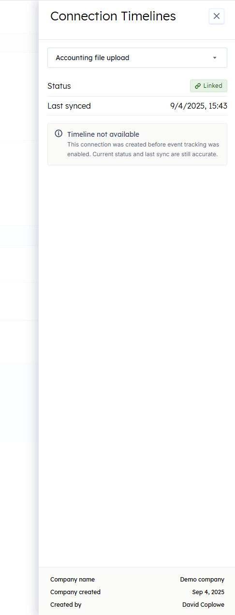 Connection Timeline drawer showing the "Timeline not available" empty state for a legacy connection without recorded transitions