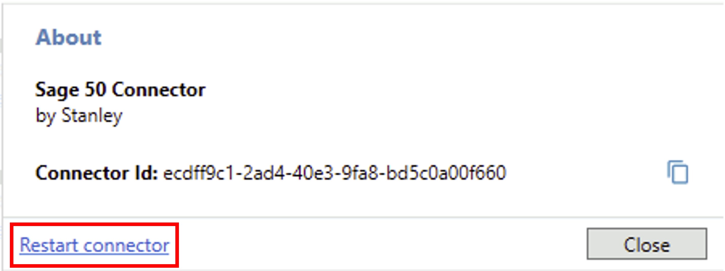 Restart connector link highlighted in the Sage 50 Accounts Connector window.