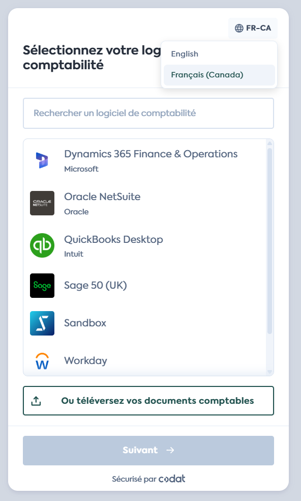 Link platform selection in Canadian French, with the locale toggle visible