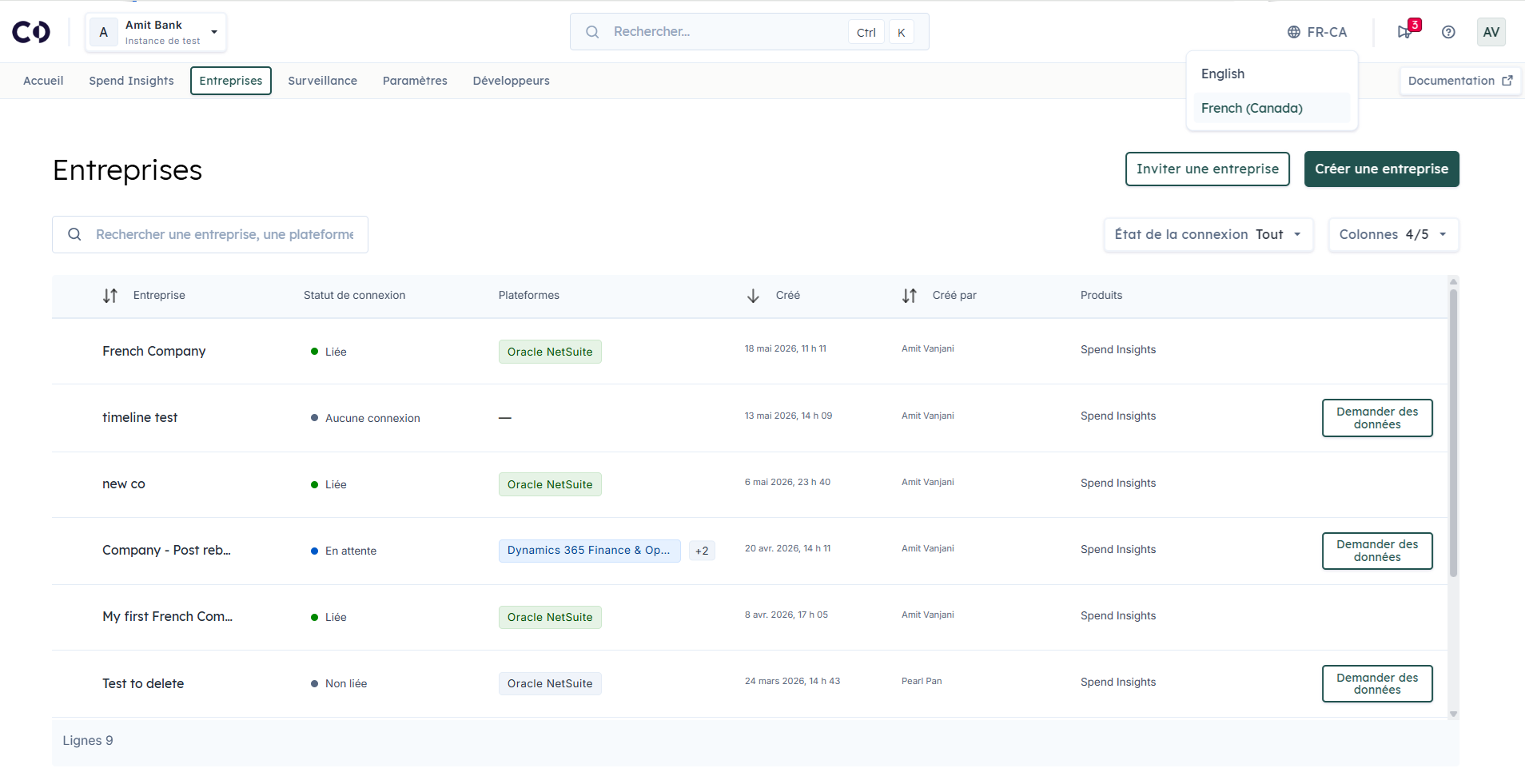Spend Insights in the Codat Portal rendered in Canadian French