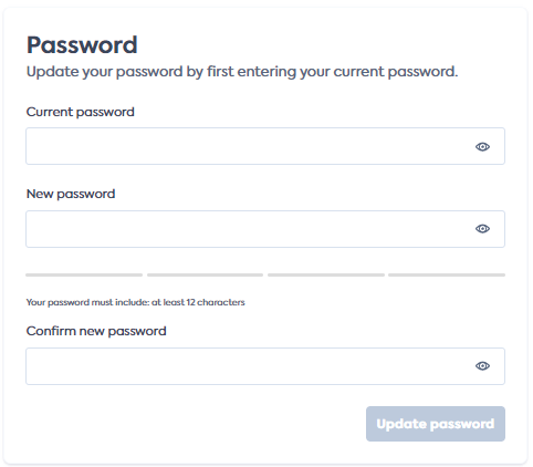 A screenshot of the Password section of the Account settings page 