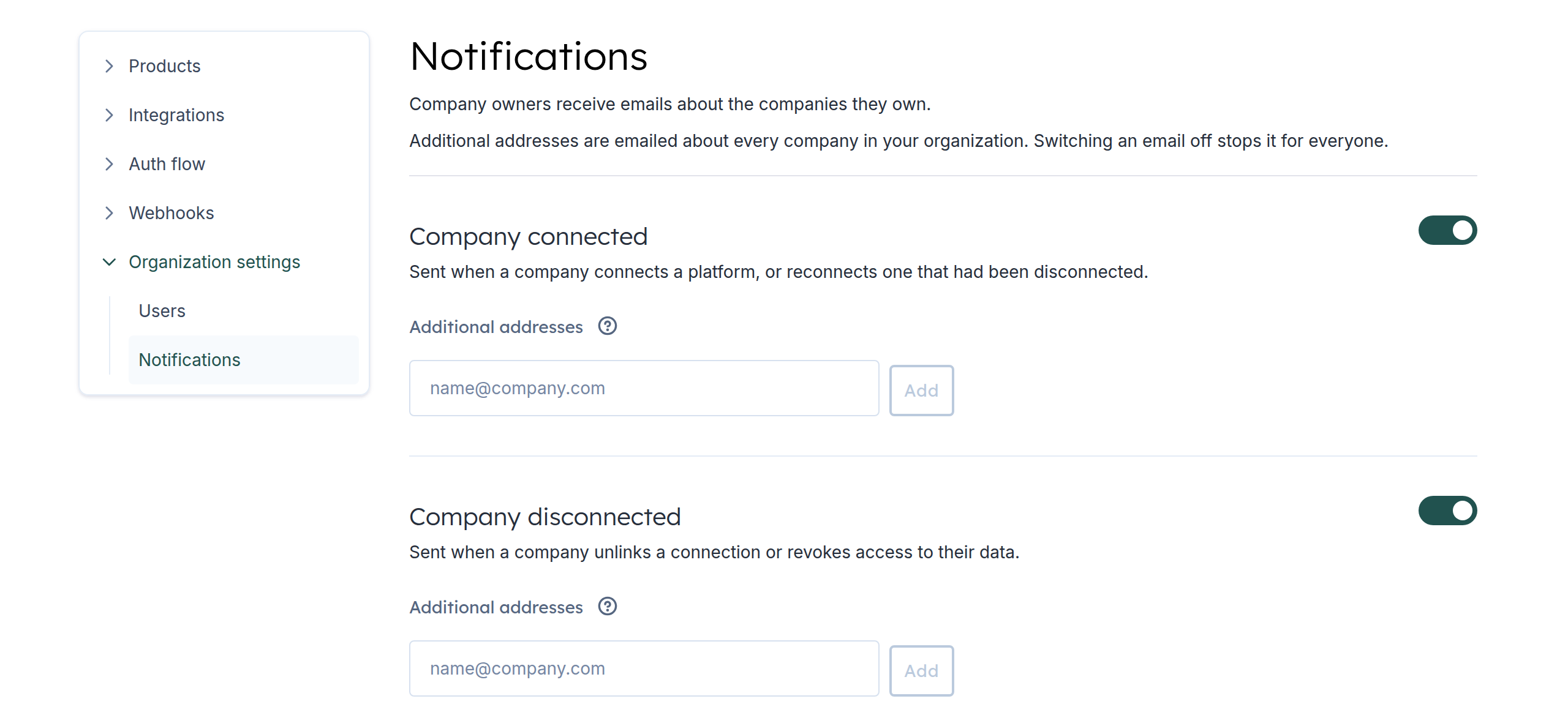 The Notifications page in the Codat Portal, showing the Company connected and Company disconnected notifications with their toggles and additional address fields