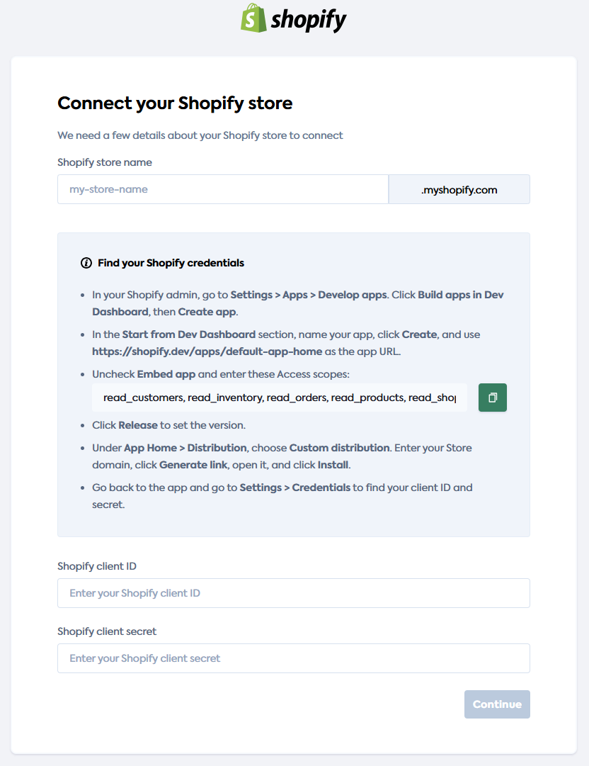 An image of the Shopify store connection UI
