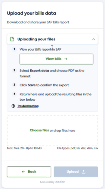 User interface of Codat's Link flow with the Bills file upload process displayed.