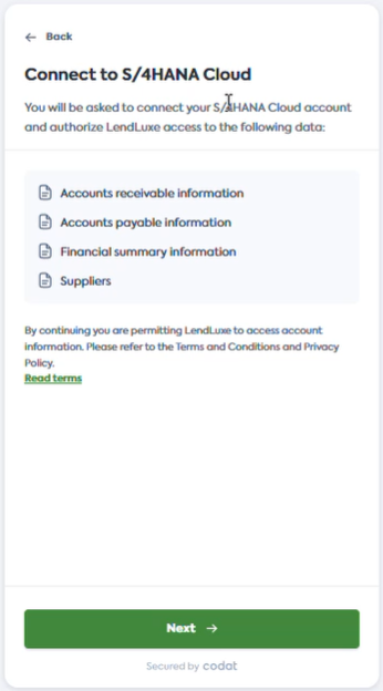 User interface of Codat's Link flow with the consent screen that lists the data that will be shared.