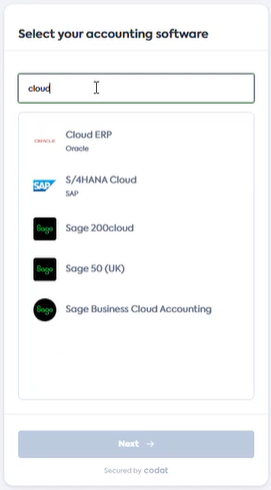 User interface of Codat's Link flow with the Workday file upload integration selected.