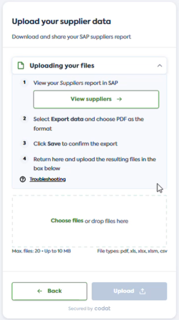 User interface of Codat's Link flow with the Suppliers file upload process displayed.