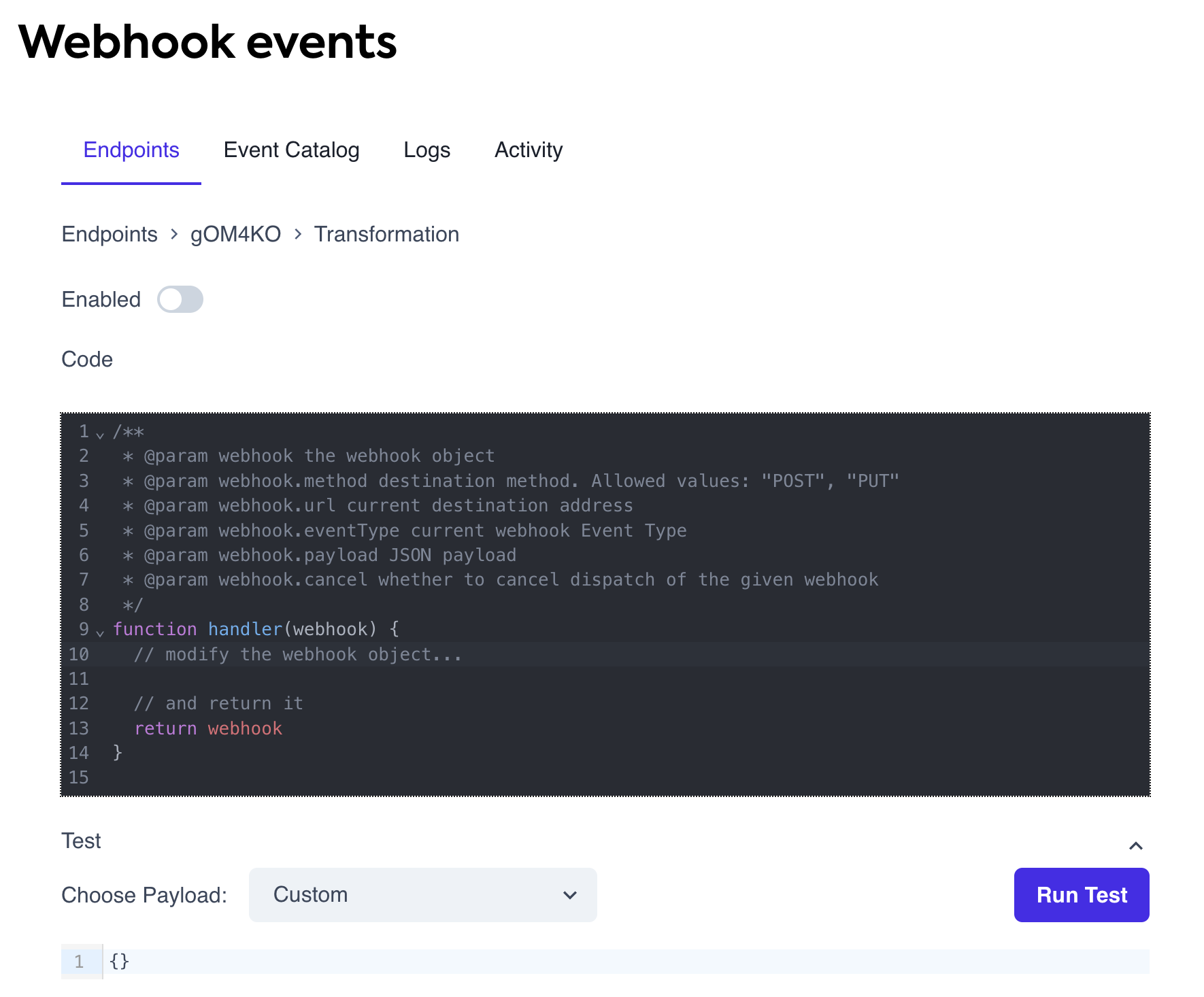 A fragment of the webhook transformations UI used to edit transformations