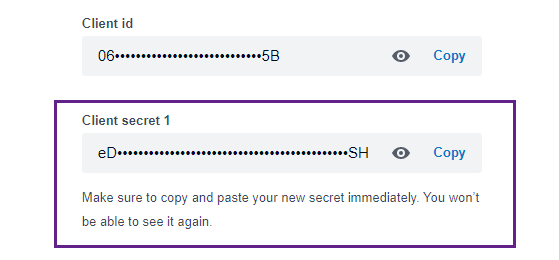 The section of the app configuration page in the Xero Developer portal showing a generated client id and client secret, with the values obscured and client secret field pointed out using a purple frame. Xero app client secret