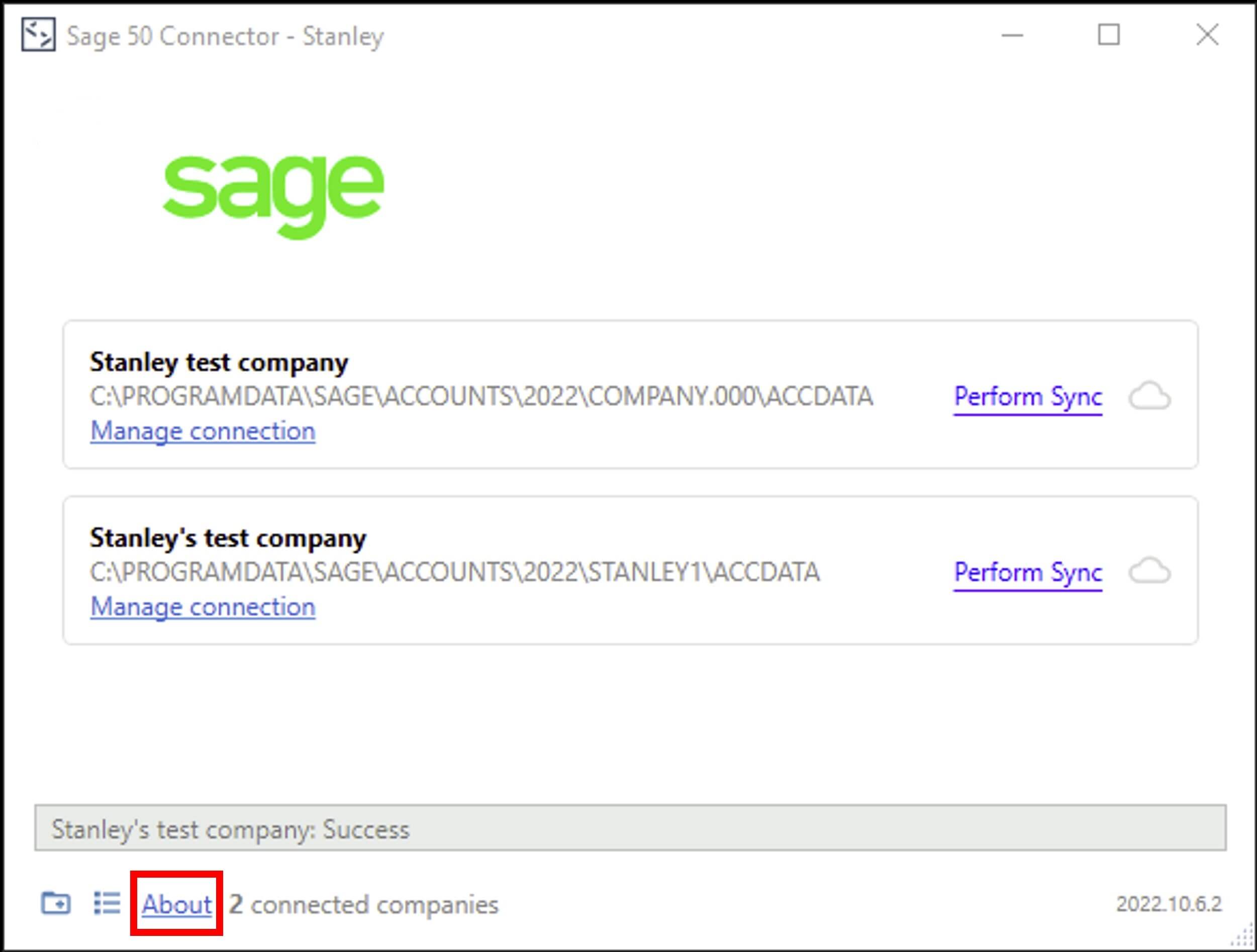 Sage 50 Accounts Connector window showing the About link highlighted.